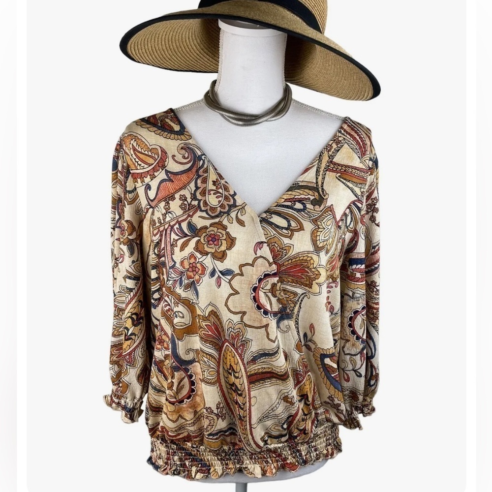 Anthro’s Melloday,Boho Floral Smocked Wrap Top Blouse Stretch Ruffled Hem,Size S